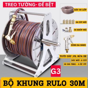 [30M] Bộ khung Rulo inox 30m, 2in1 cuộn dây mềm tưới cây, rửa xe...cùng súng phun đa năng